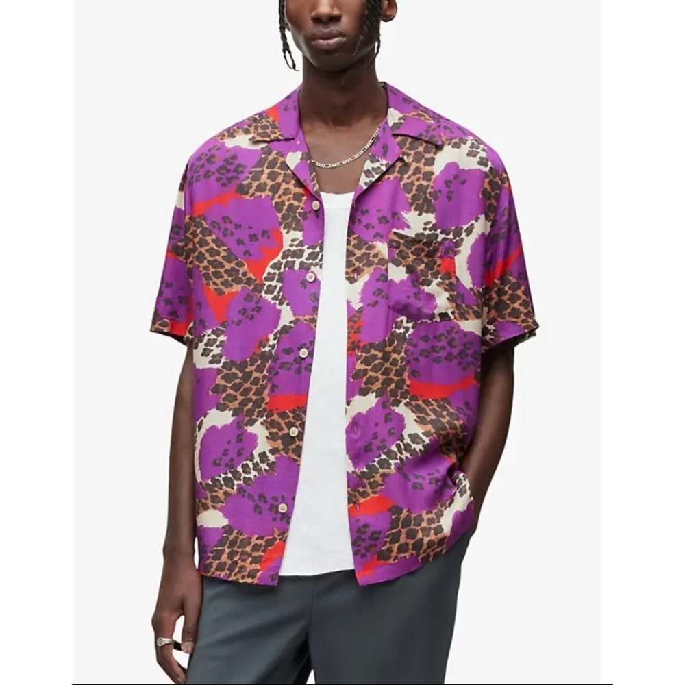 ALLSAINTS Bastille Leopard-Print Woven Shirt in Multi Men Large Relaxed Fit $156